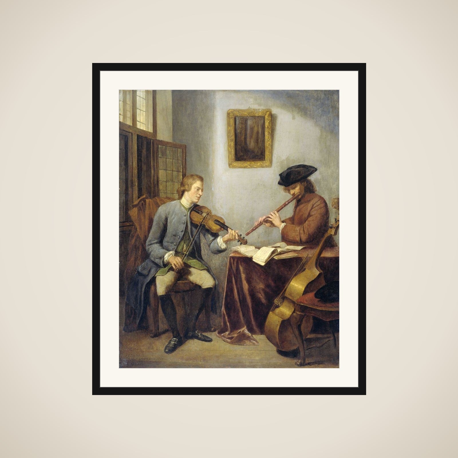 A Violinist and a Flutist Playing Music together (The Musicians) framed