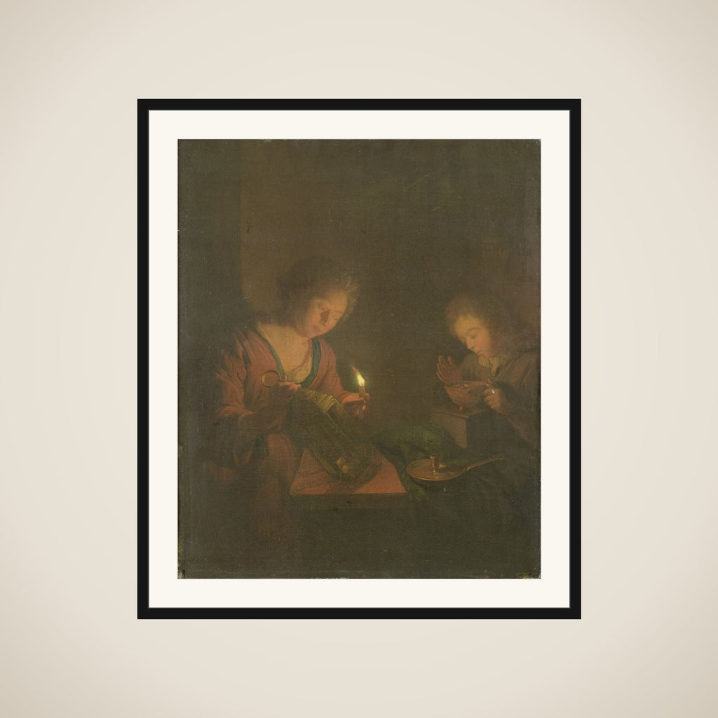 Fire and Light (A Girl Places a Candle in a Lantern and a Boy Blows on the Coals in a Chafing-Dish) framed