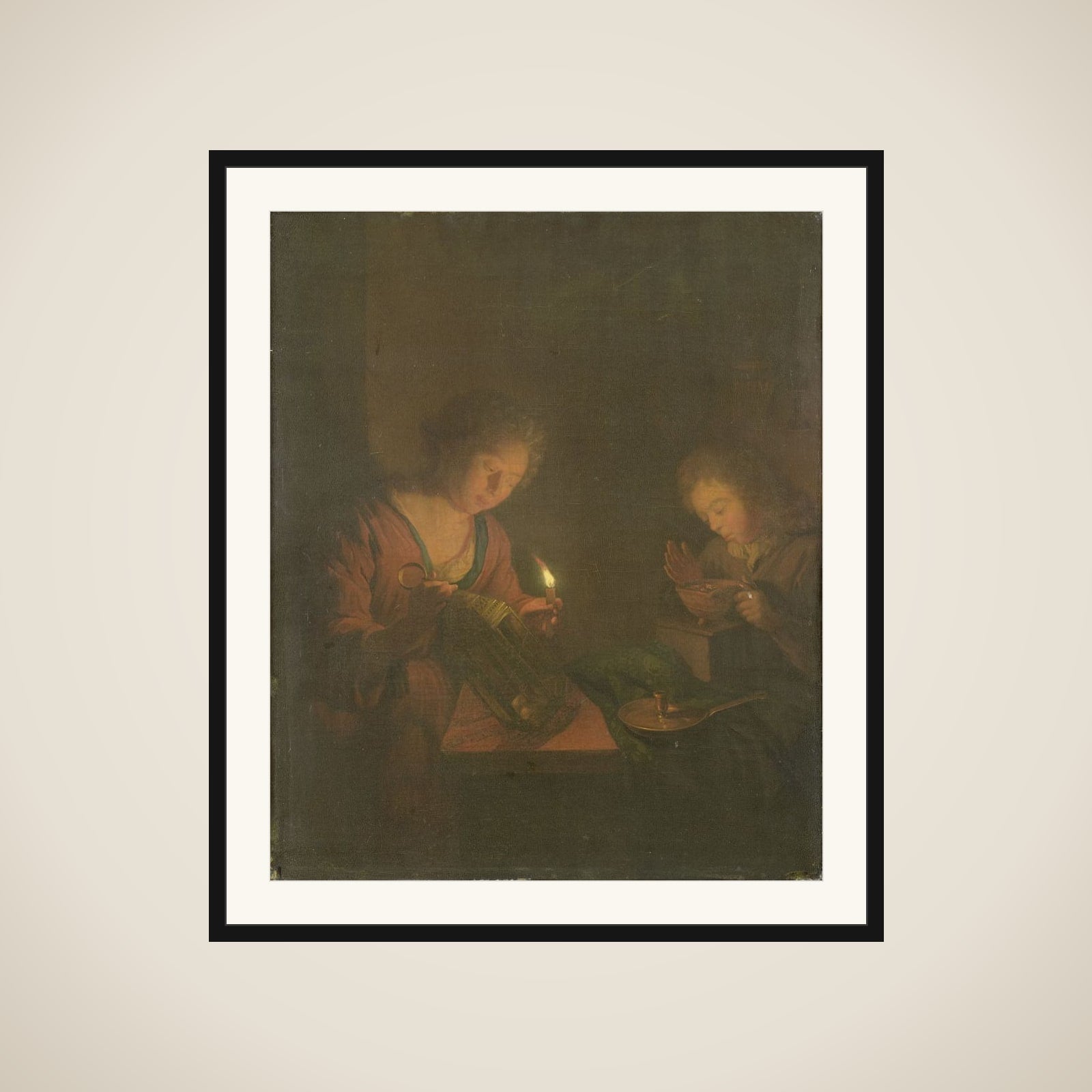 Fire and Light (A Girl Places a Candle in a Lantern and a Boy Blows on the Coals in a Chafing-Dish) framed
