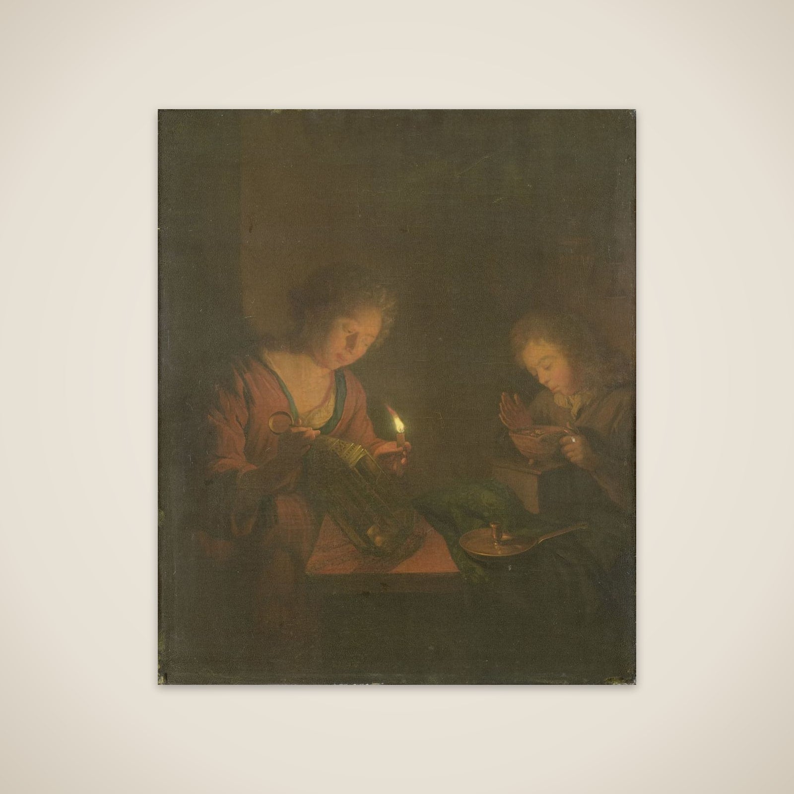 Fire and Light (A Girl Places a Candle in a Lantern and a Boy Blows on the Coals in a Chafing-Dish) unframed print