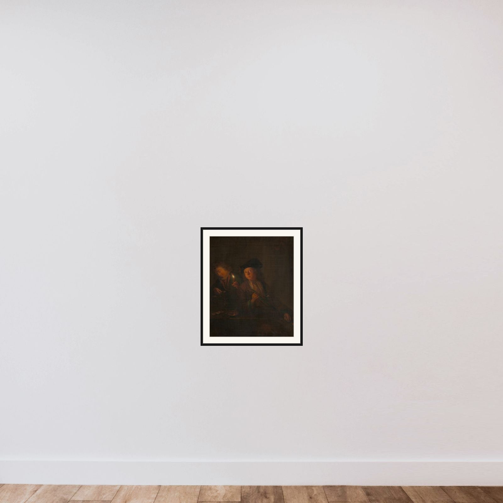 The Smoker (A Man with a Pipe and a Man Pouring a Beverage into a Glass) framed — shown to scale