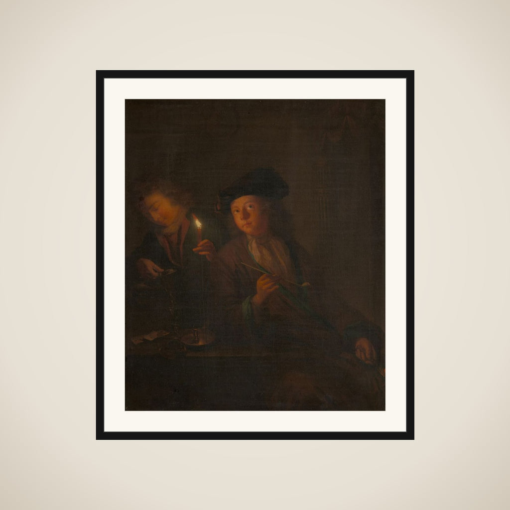 The Smoker (A Man with a Pipe and a Man Pouring a Beverage into a Glass) framed