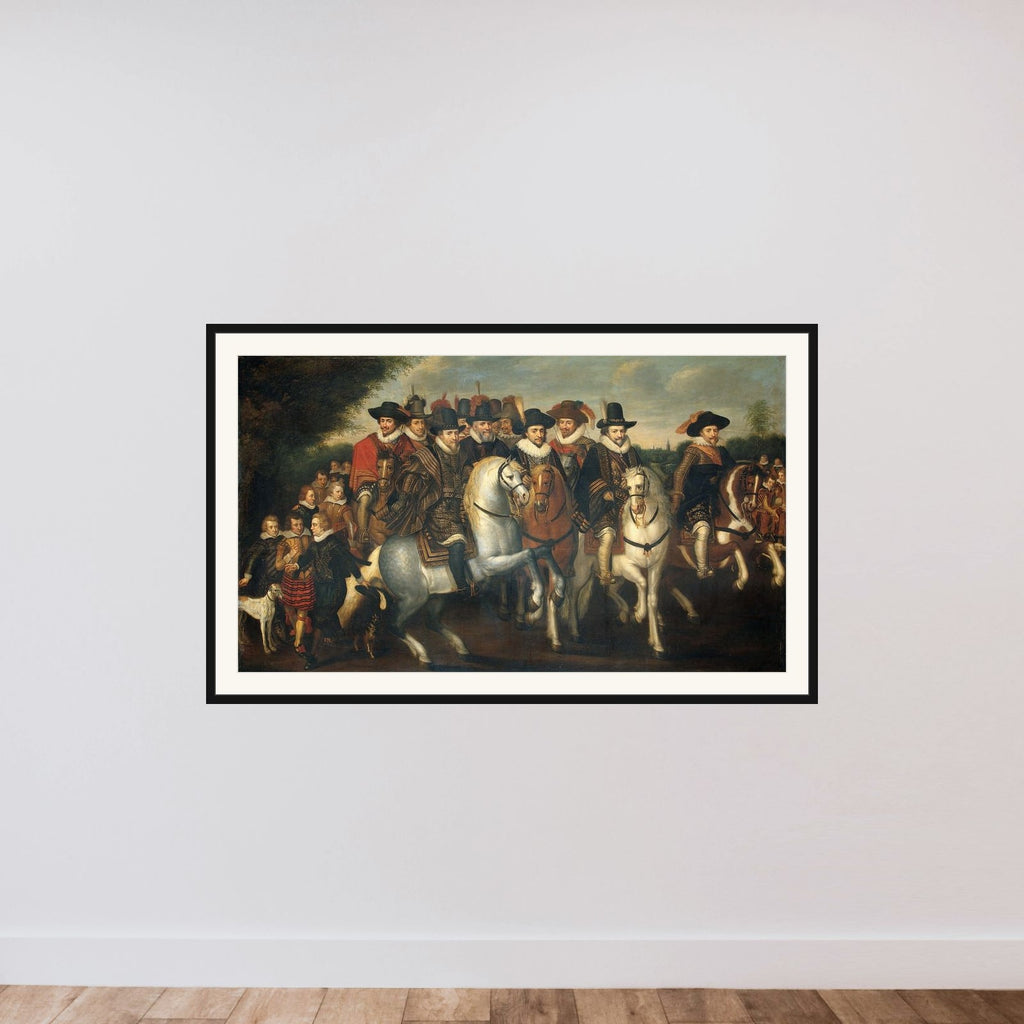 Prince Maurice Accompanied by his two Brothers, Frederick V, Elector Palatine, and Counts of Nassau on Horseback framed — shown to scale