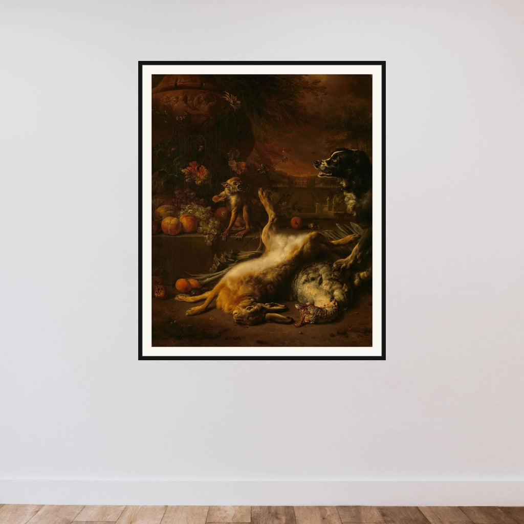 A Monkey and a Dog with Dead Game and Fruit framed — shown to scale
