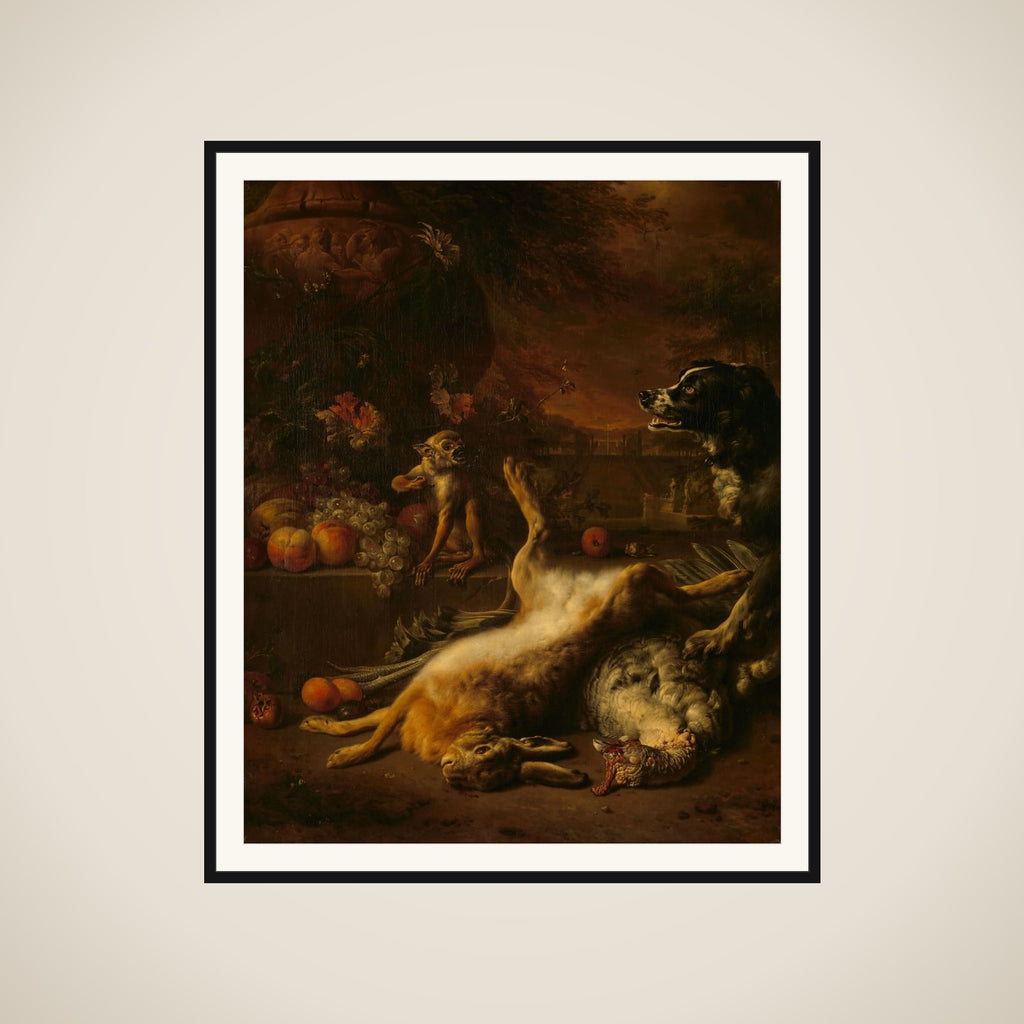 A Monkey and a Dog with Dead Game and Fruit framed