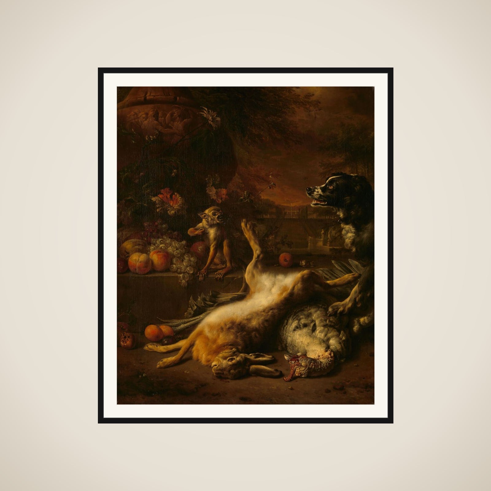 A Monkey and a Dog with Dead Game and Fruit framed