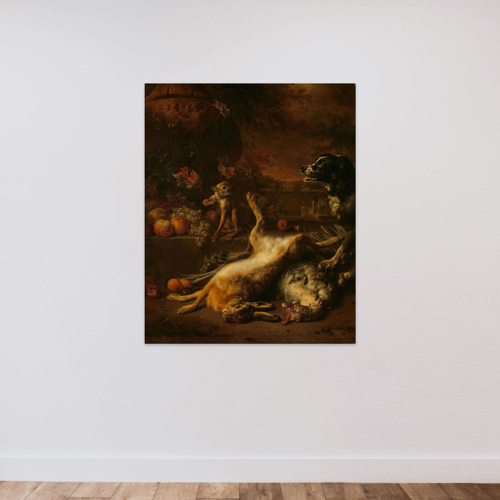 A Monkey and a Dog with Dead Game and Fruit unframed — shown to scale