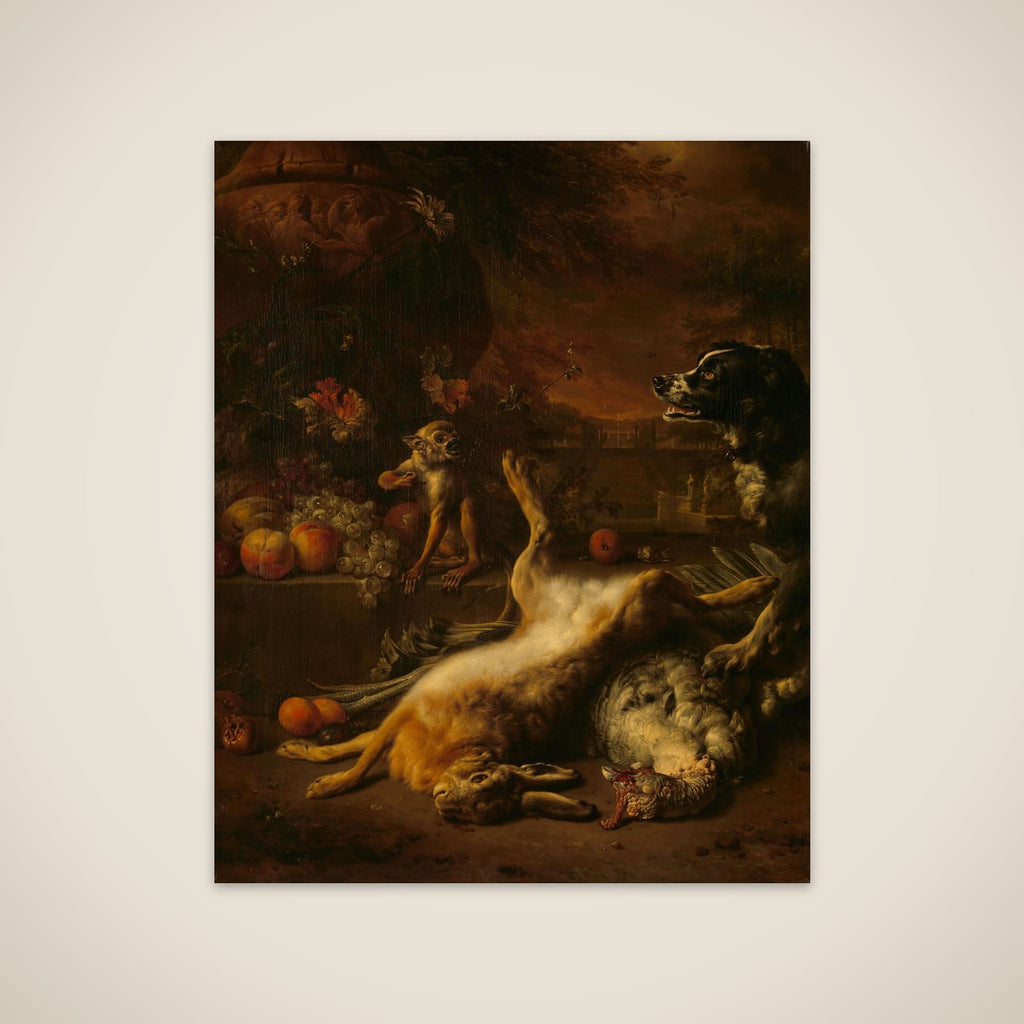 A Monkey and a Dog with Dead Game and Fruit unframed print