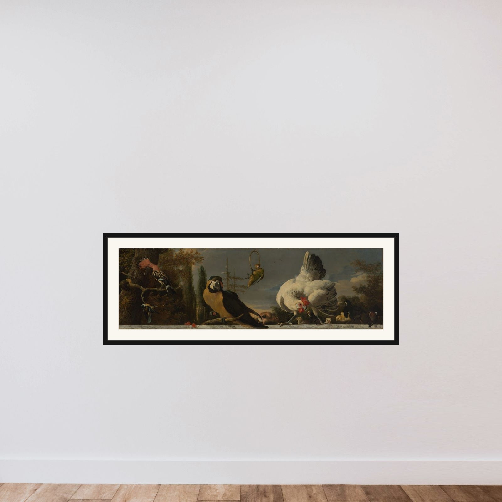 Birds on a Balustrade framed — shown to scale