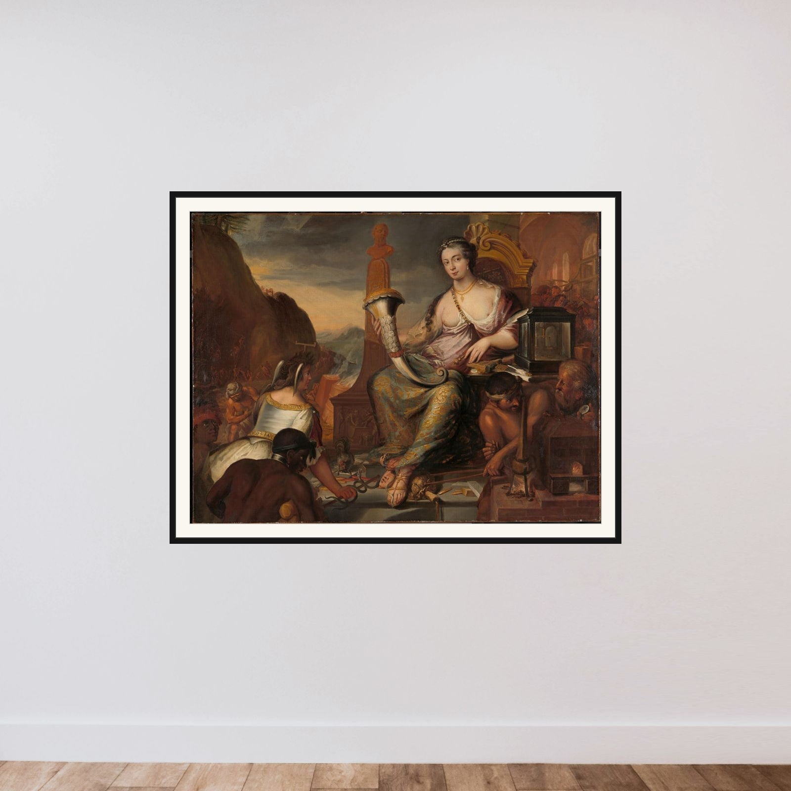 Allegory of Coinage framed — shown to scale
