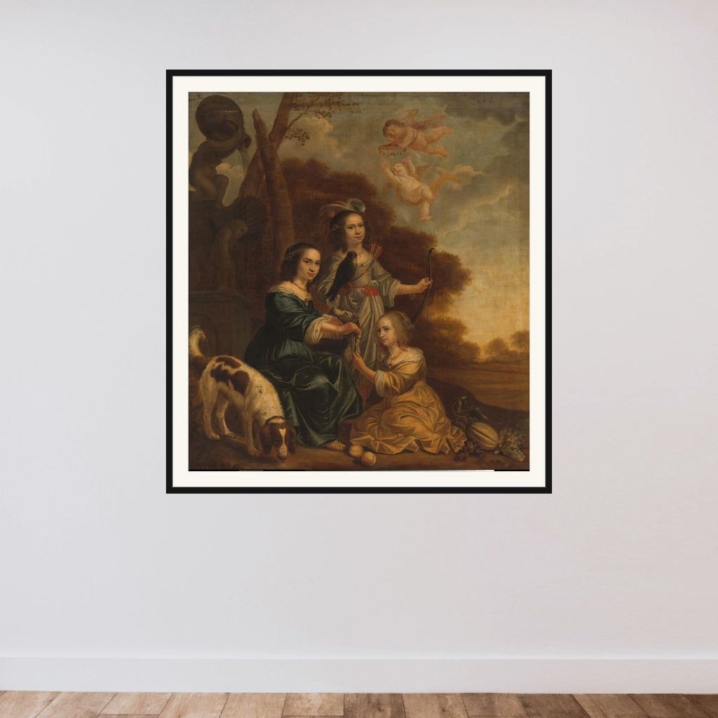 Portrait of Geertruyt, Margriet and Anna Delff, the Artist's Daughters (Portrait of three Little Girls in a Landscape) framed — shown to scale