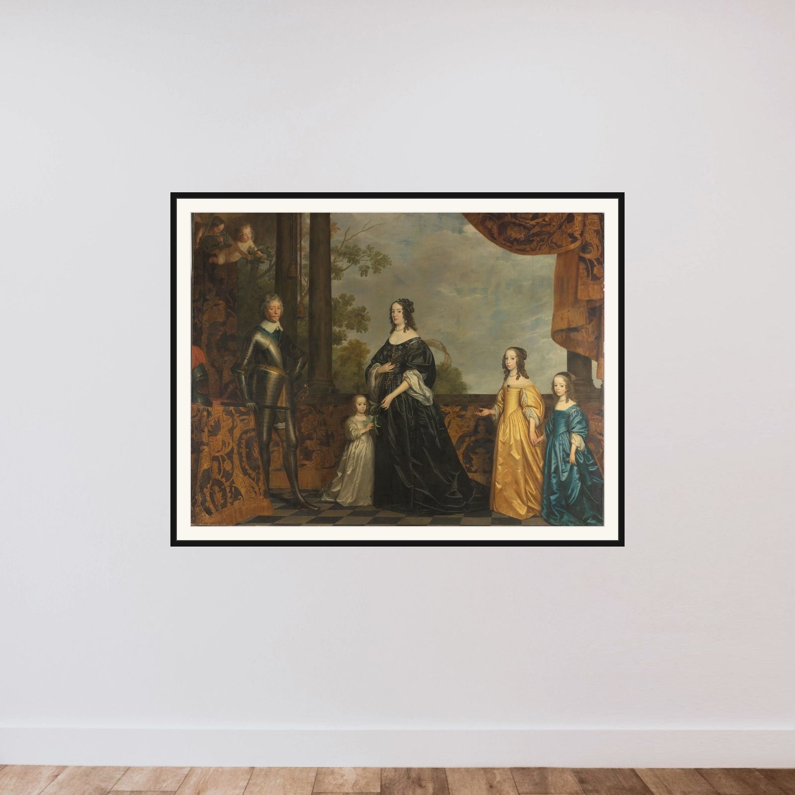 Portrait of Frederik Hendrik (1584-1647), Prince of Orange, his Wife Amalia van Solms (1602-1675) and their Three Youngest Daughters Albertina Agnes (1634-1696), Henrietta Catharina (1637-1708), and Maria (1642-1688) framed — shown to scale