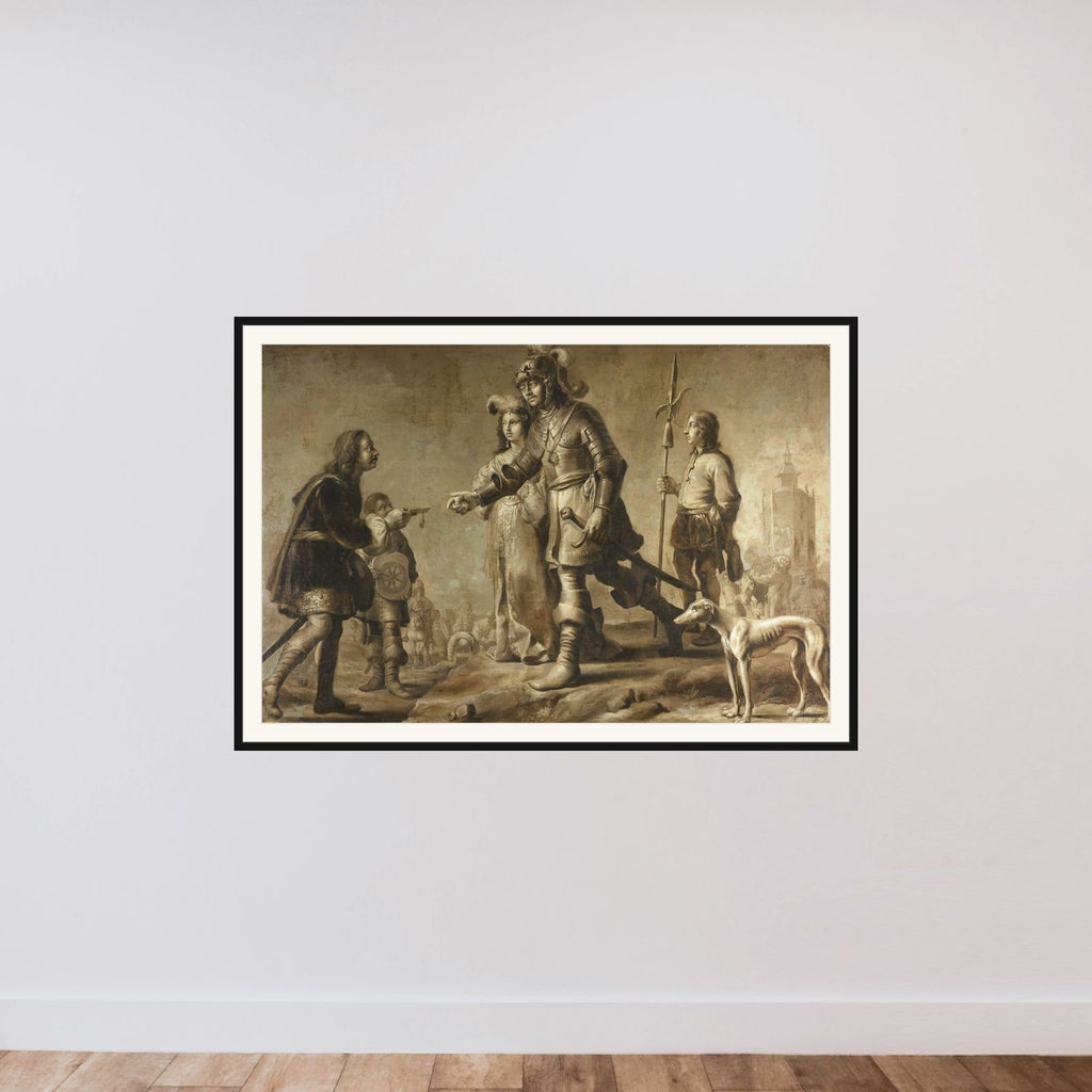Boudewijn van Heusden (830-870) and his Wife Sophia Receiving Homage from the Legate of King Edmund, c. 1626 framed — shown to scale