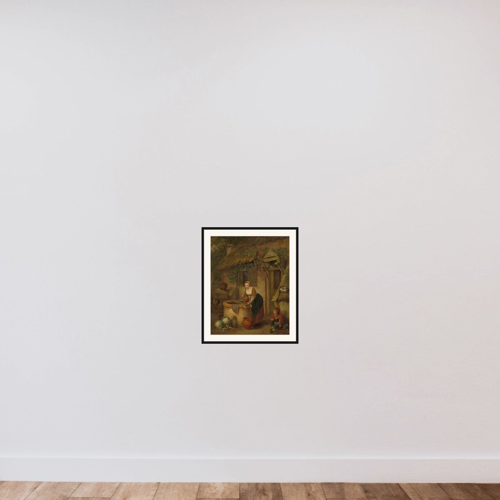 Woman Drawing Water from a Well framed — shown to scale