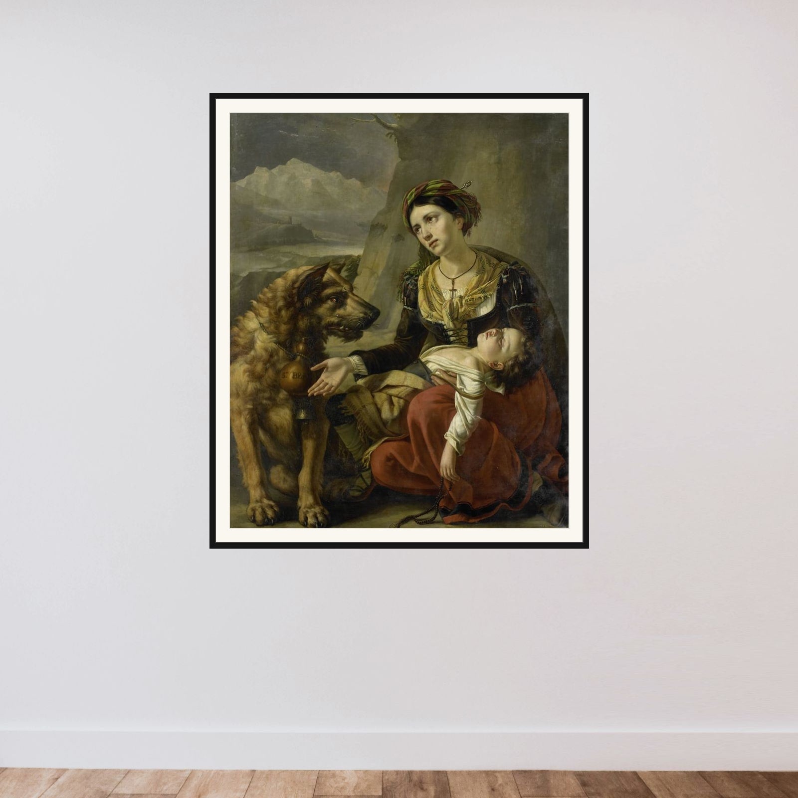 A Saint Bernard Dog Comes to the Aid of a lost Woman with a sick Child framed — shown to scale