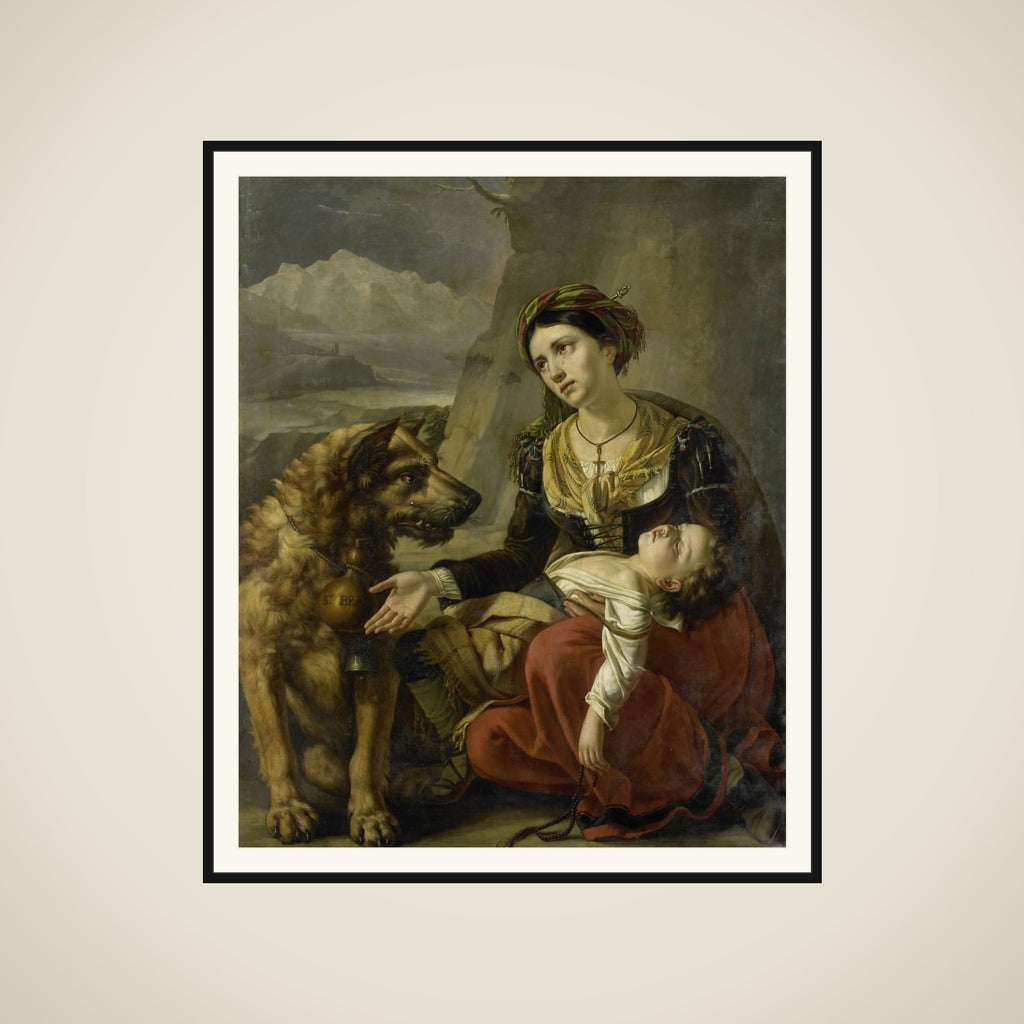 A Saint Bernard Dog Comes to the Aid of a lost Woman with a sick Child framed