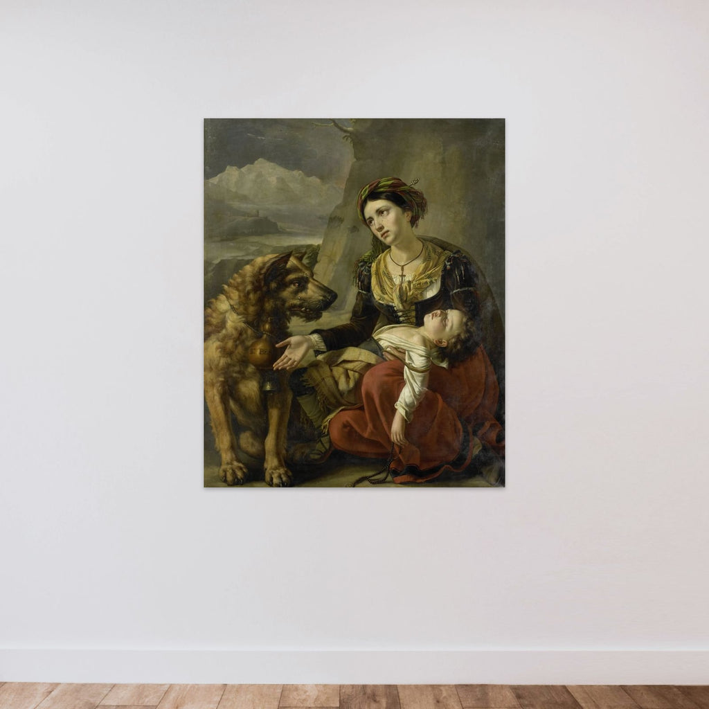 A Saint Bernard Dog Comes to the Aid of a lost Woman with a sick Child unframed — shown to scale
