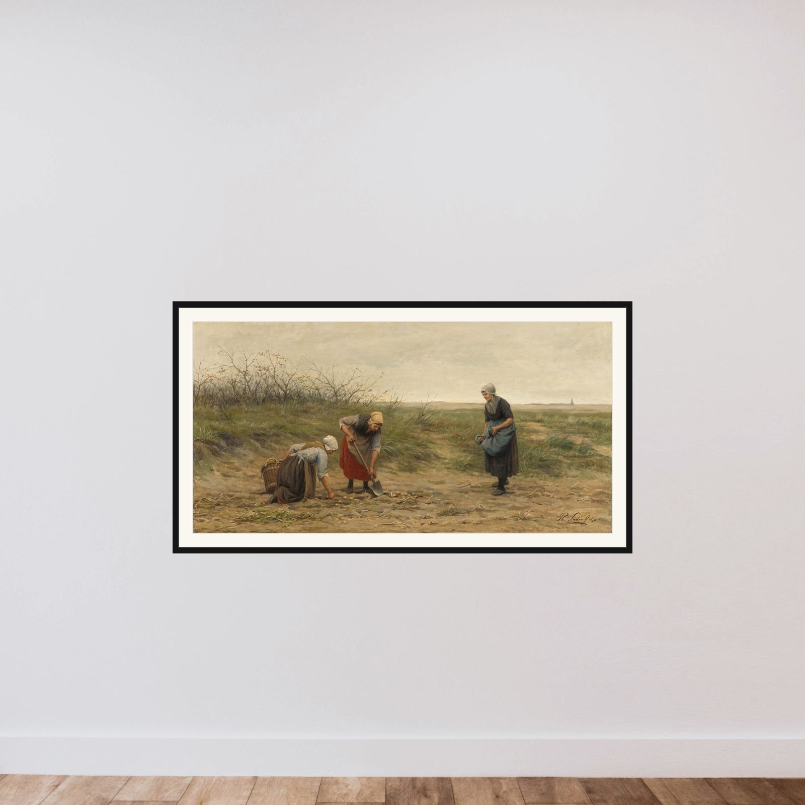 Scheveningse vrouwen bij het nalezen van een gerooid aardappelveld framed — shown to scale