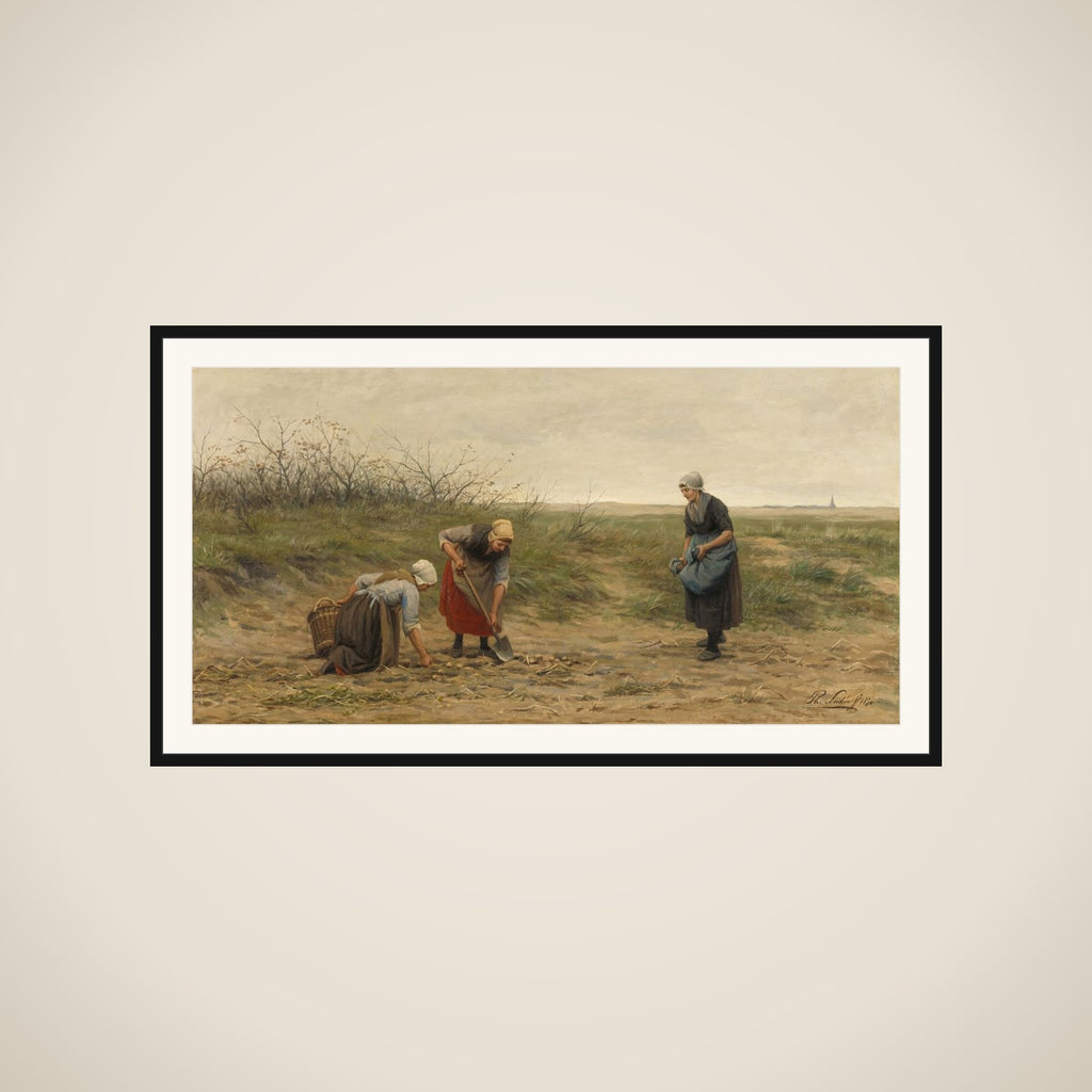 Scheveningse vrouwen bij het nalezen van een gerooid aardappelveld framed