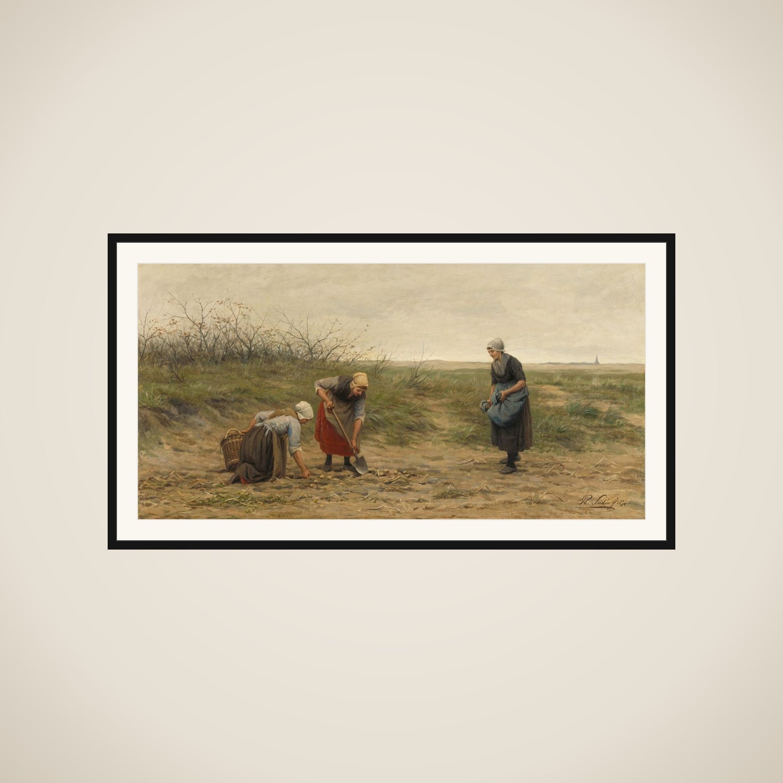 Scheveningse vrouwen bij het nalezen van een gerooid aardappelveld framed