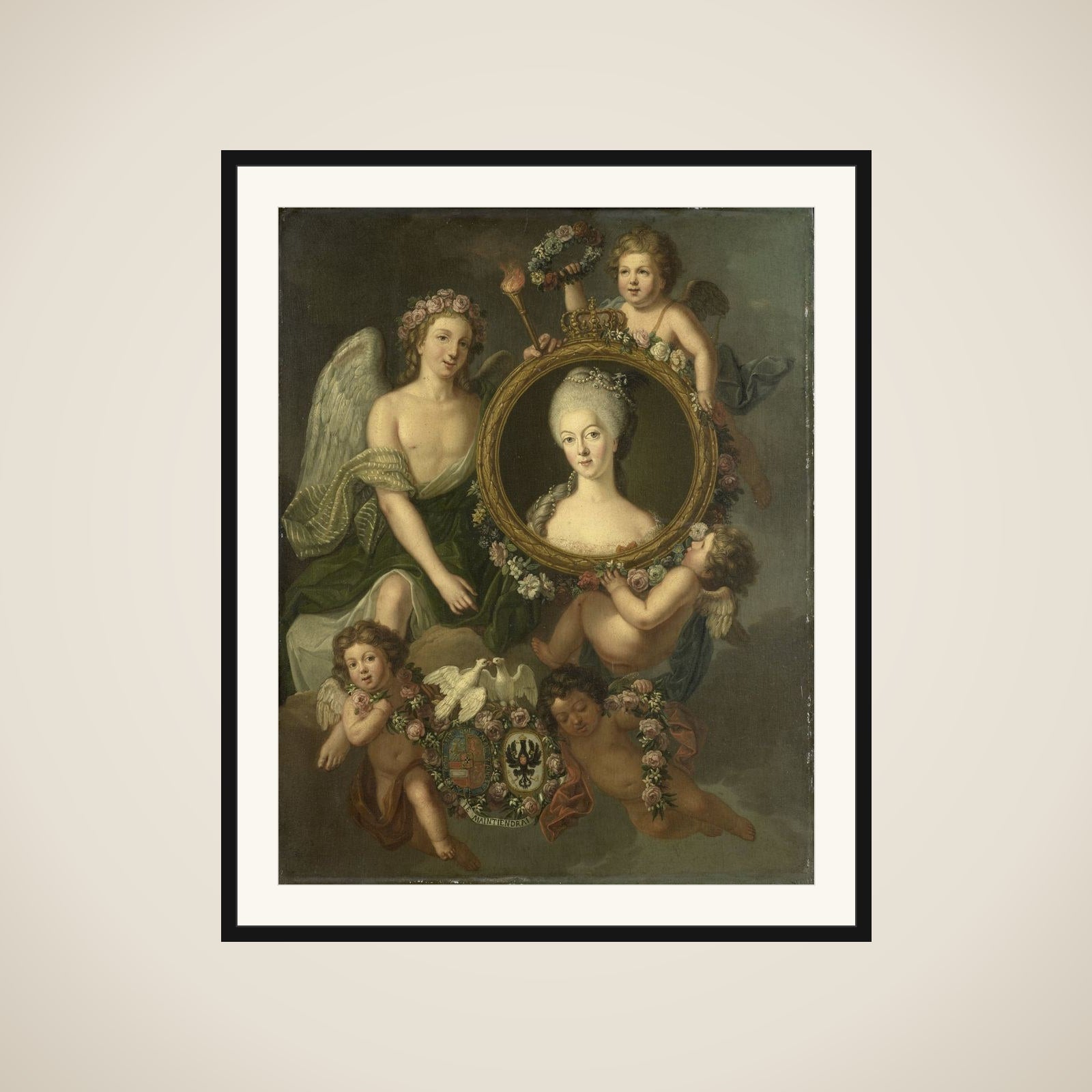 Portrait of Wilhelmina of Prussia in a medallion with allusions to her marriage to Prince William V on 4 October 1767 in Berlin (Frederika Sophia Wilhelmina) framed