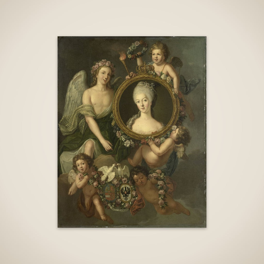 Portrait of Wilhelmina of Prussia in a medallion with allusions to her marriage to Prince William V on 4 October 1767 in Berlin (Frederika Sophia Wilhelmina) unframed print