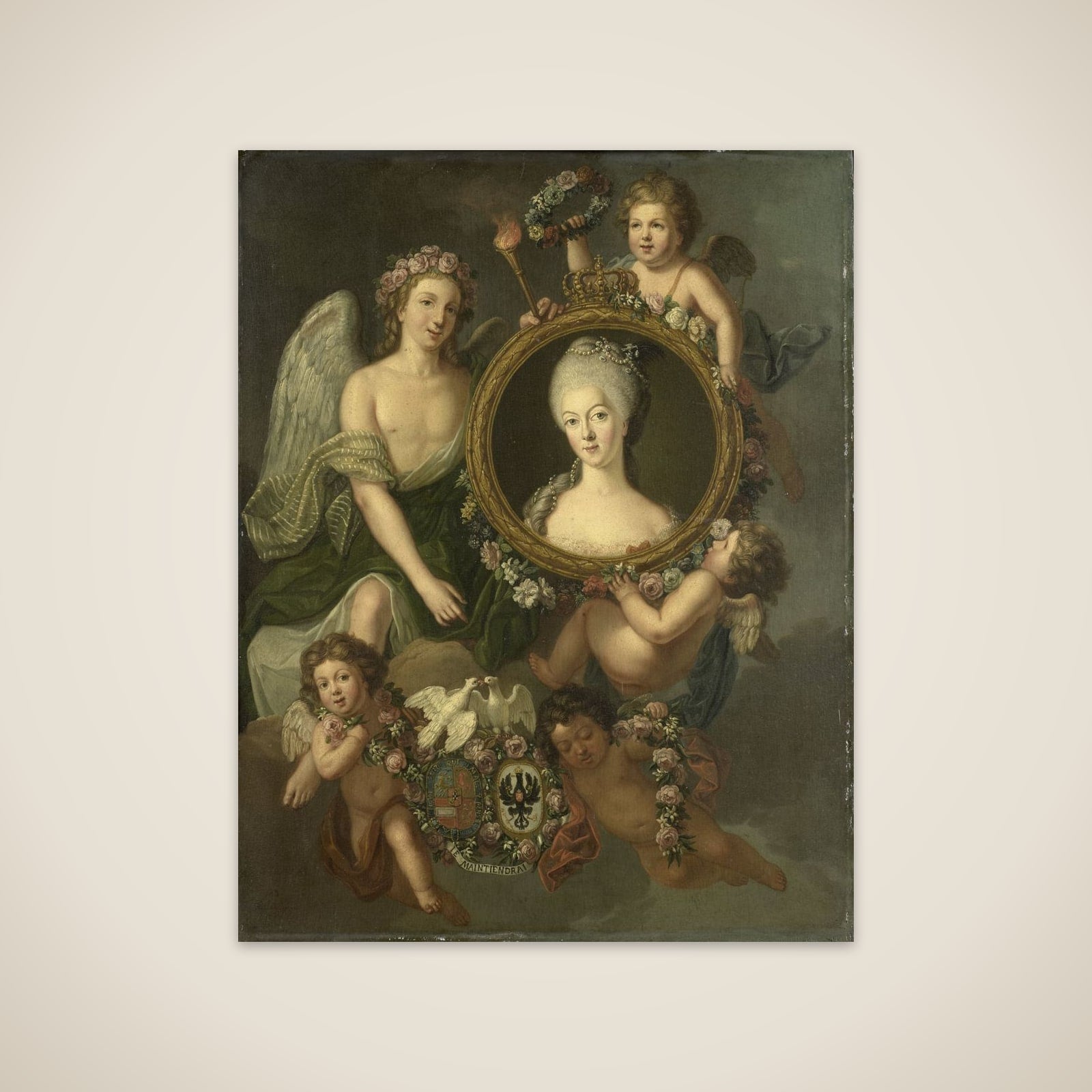 Portrait of Wilhelmina of Prussia in a medallion with allusions to her marriage to Prince William V on 4 October 1767 in Berlin (Frederika Sophia Wilhelmina) unframed print