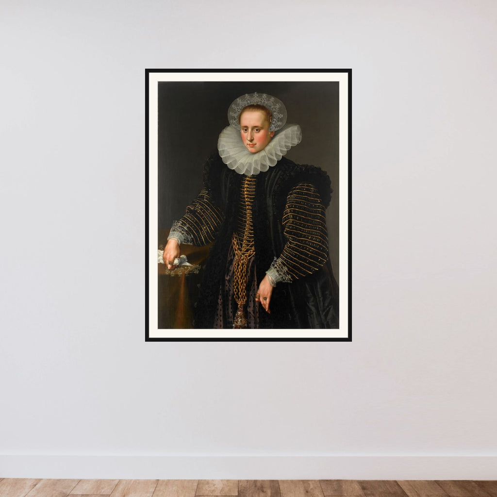 Portrait of a Woman, probably Maria Schuurman (1575-1621) framed — shown to scale