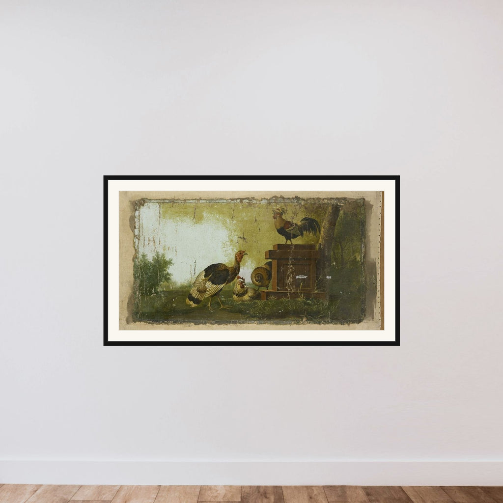 Decorative Piece with Poultry framed — shown to scale