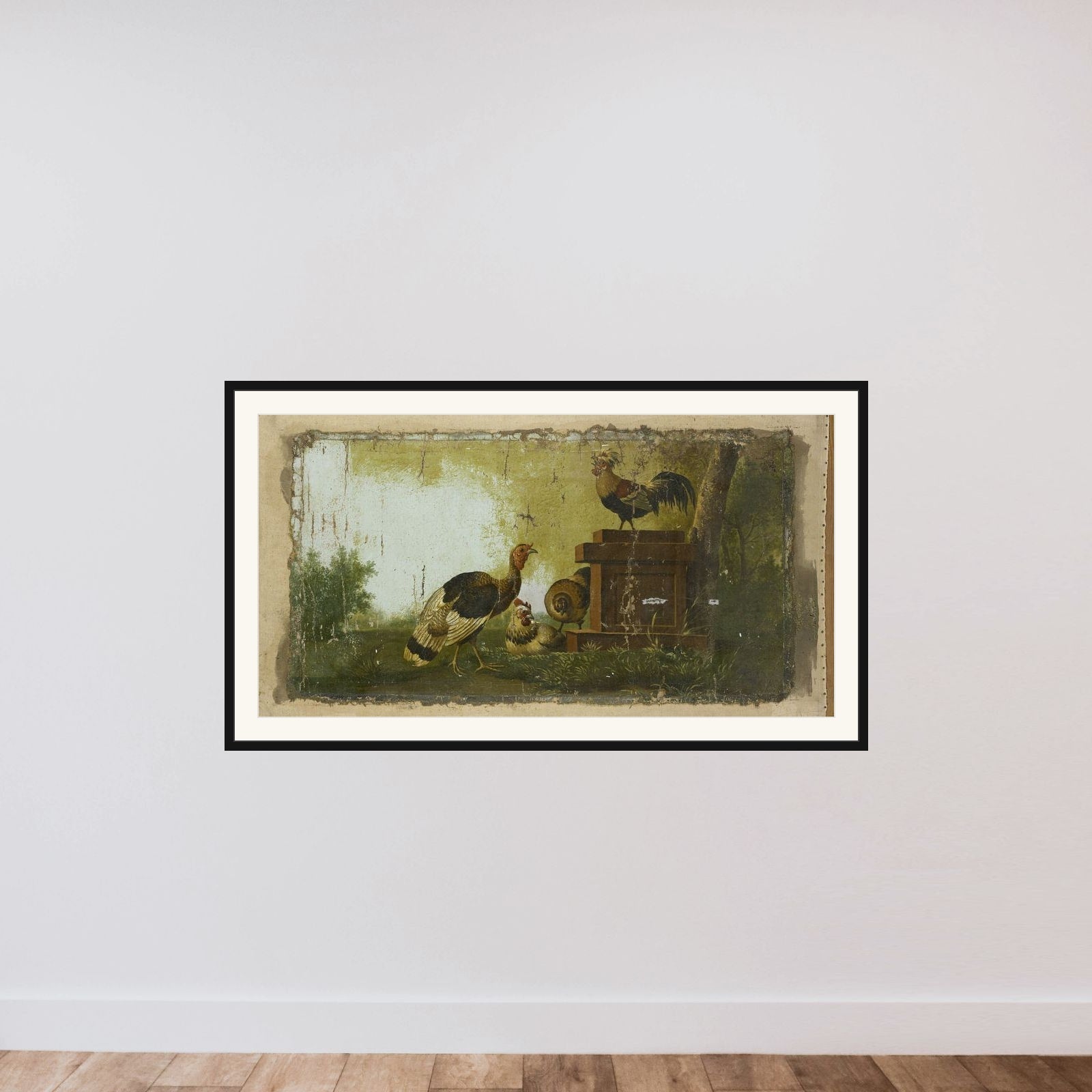 Decorative Piece with Poultry framed — shown to scale
