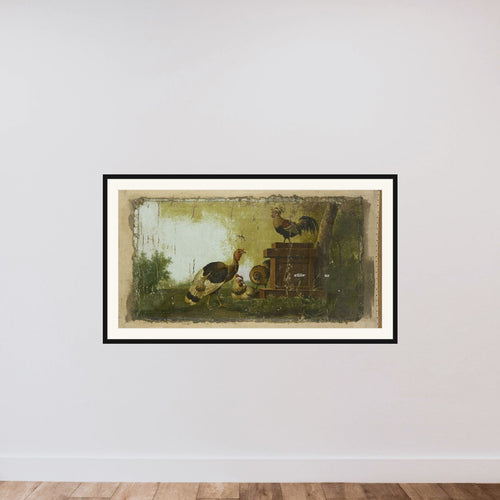 Decorative Piece with Poultry framed — shown to scale