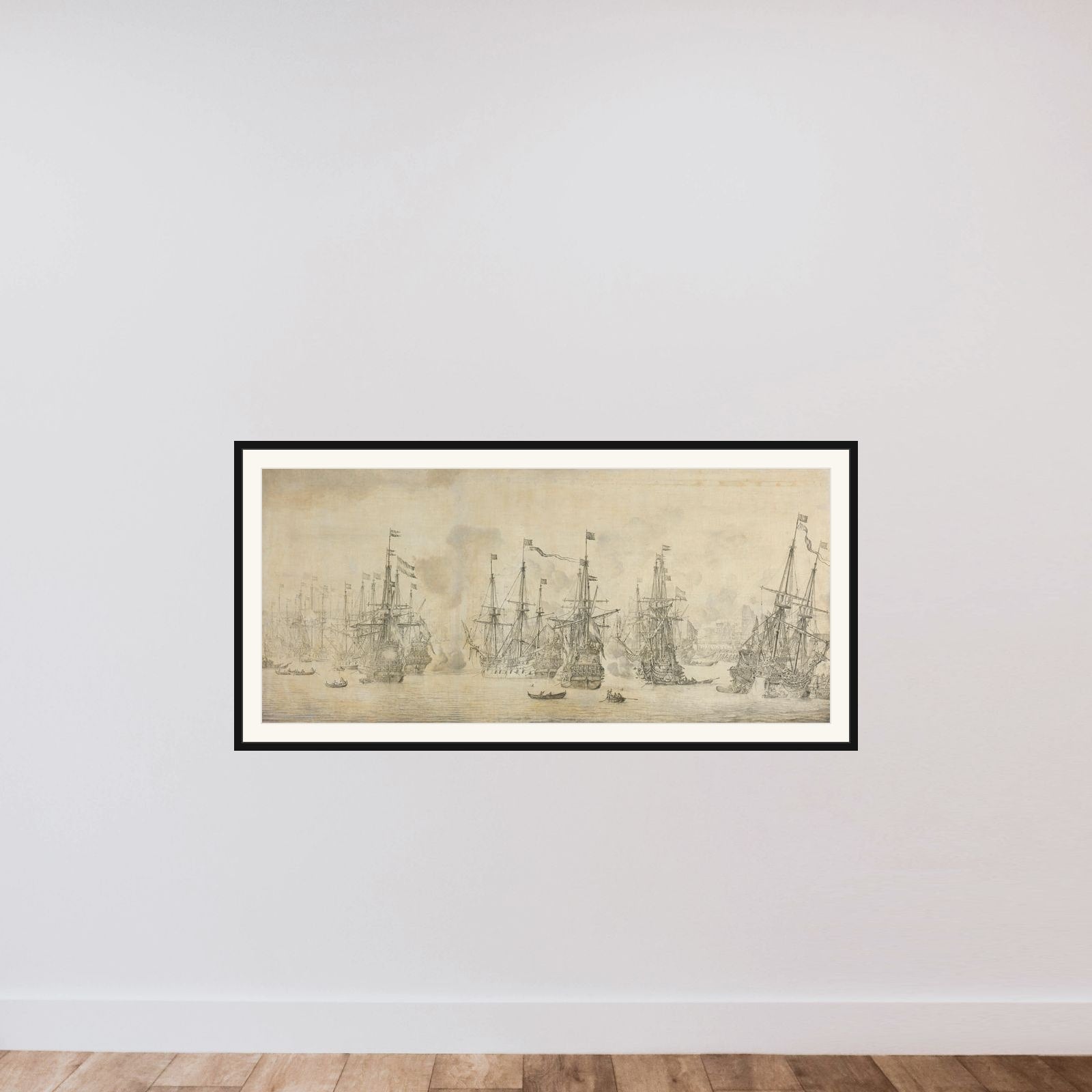 "The Failed Attack of the English on the Return Fleet in the Port of Bergen, Norway, 12 August 1665: an episode from the Second Anglo-Dutch War" framed — shown to scale