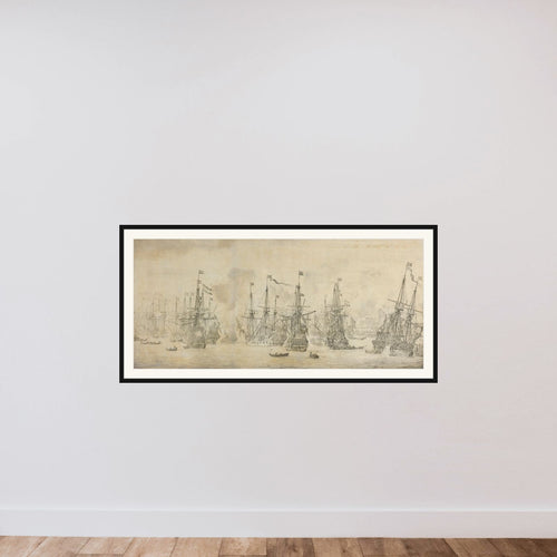 "The Failed Attack of the English on the Return Fleet in the Port of Bergen, Norway, 12 August 1665: an episode from the Second Anglo-Dutch War" framed — shown to scale