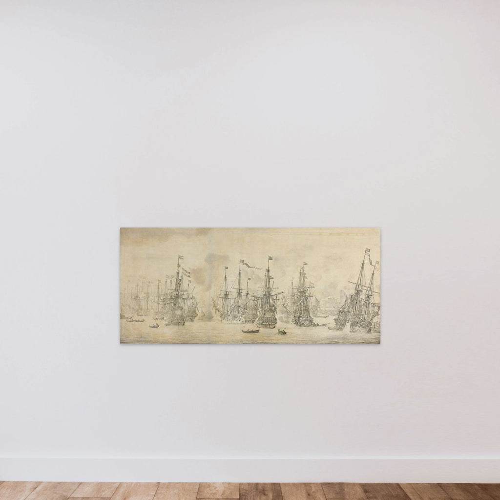 "The Failed Attack of the English on the Return Fleet in the Port of Bergen, Norway, 12 August 1665: an episode from the Second Anglo-Dutch War" unframed — shown to scale