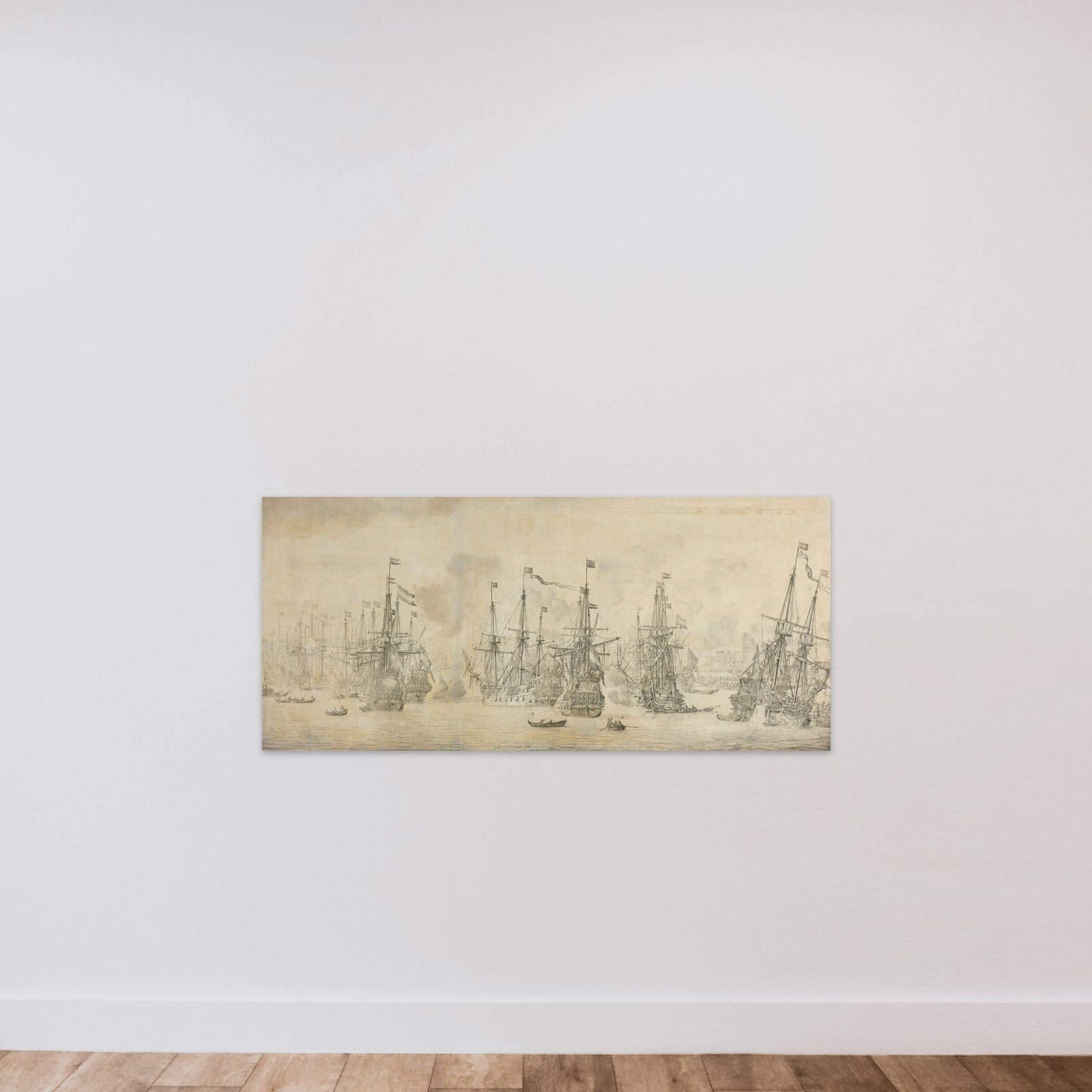"The Failed Attack of the English on the Return Fleet in the Port of Bergen, Norway, 12 August 1665: an episode from the Second Anglo-Dutch War" unframed — shown to scale