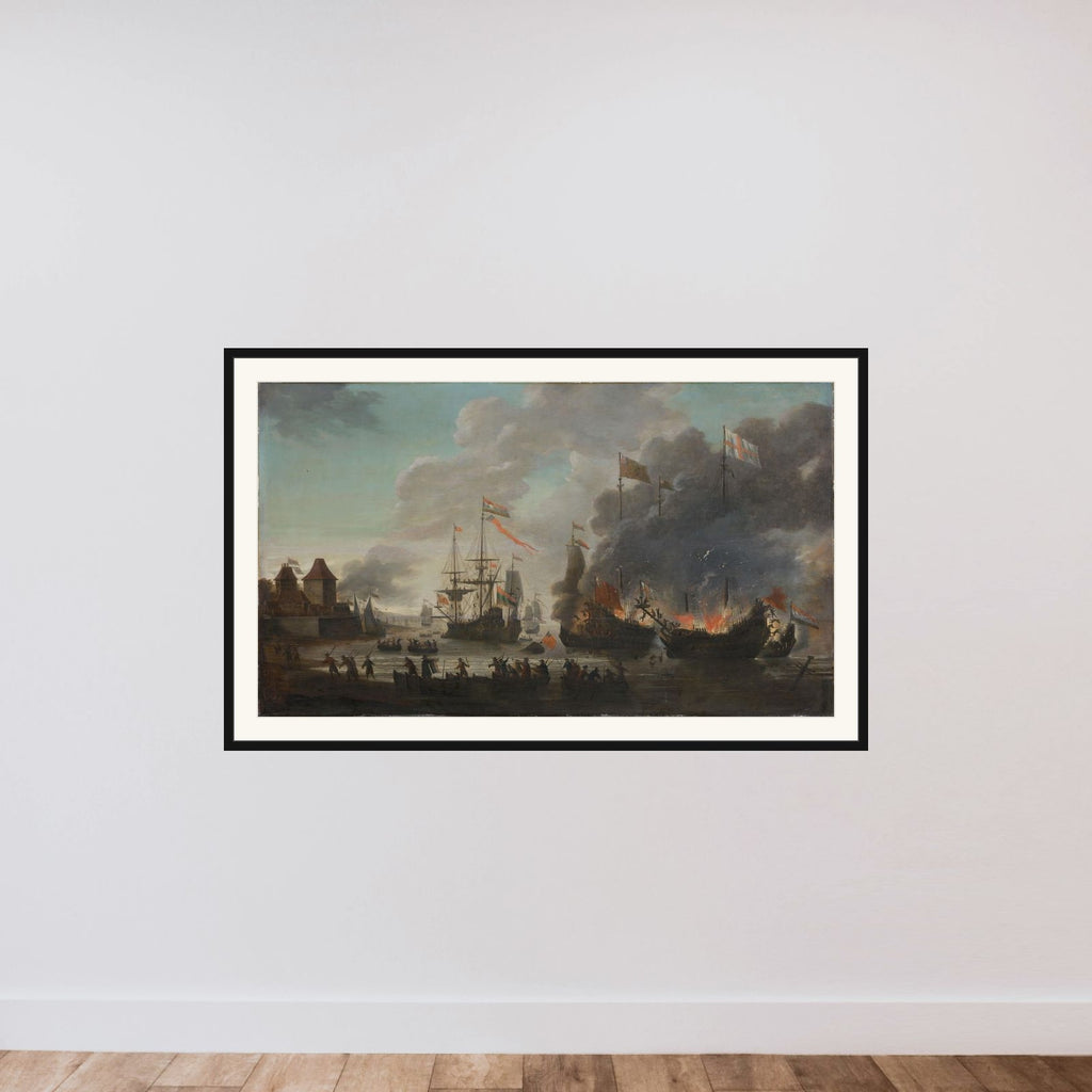 The Dutch Burning English Ships during the Dutch Raid on the Medway, 20 June 1667 framed — shown to scale