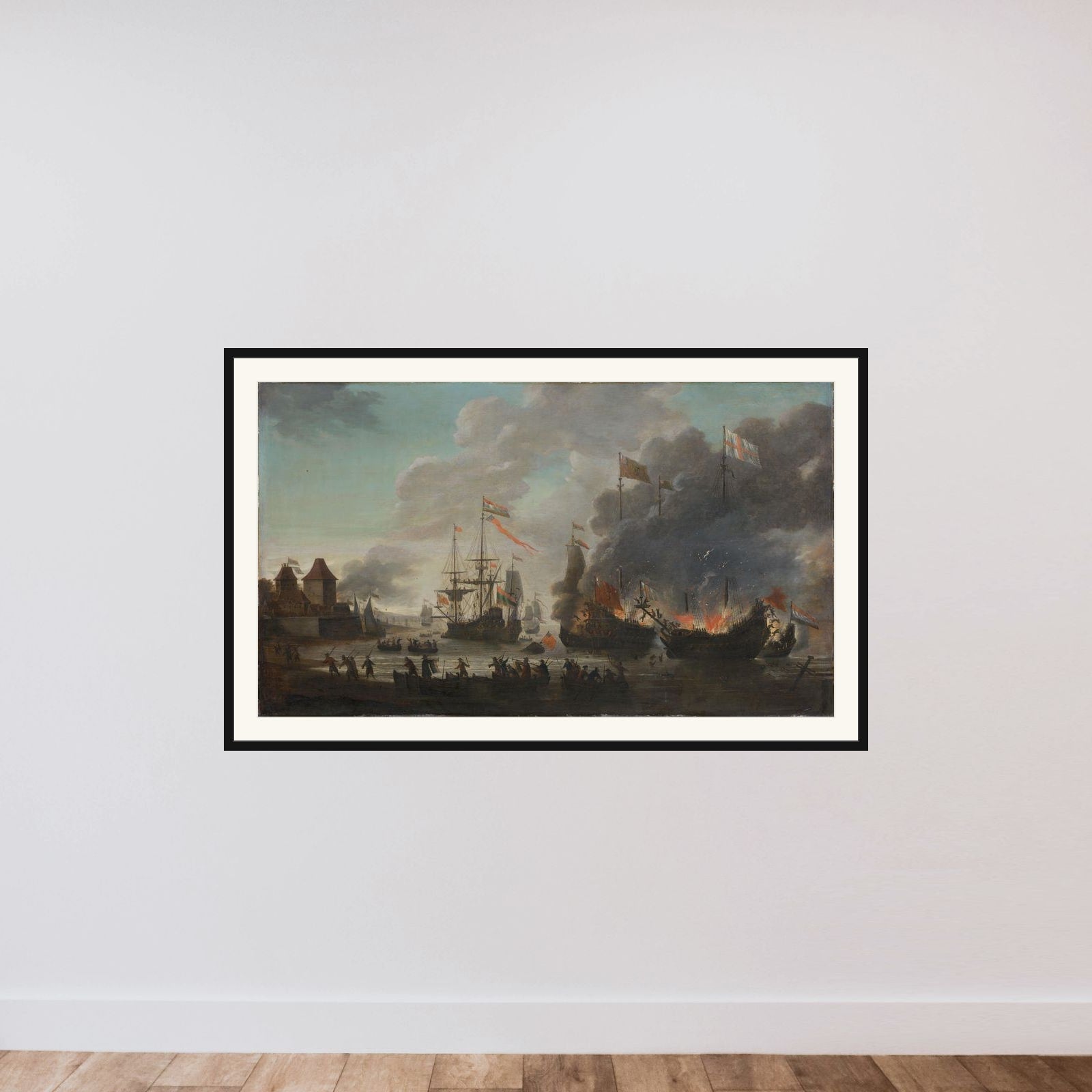 The Dutch Burning English Ships during the Dutch Raid on the Medway, 20 June 1667 framed — shown to scale