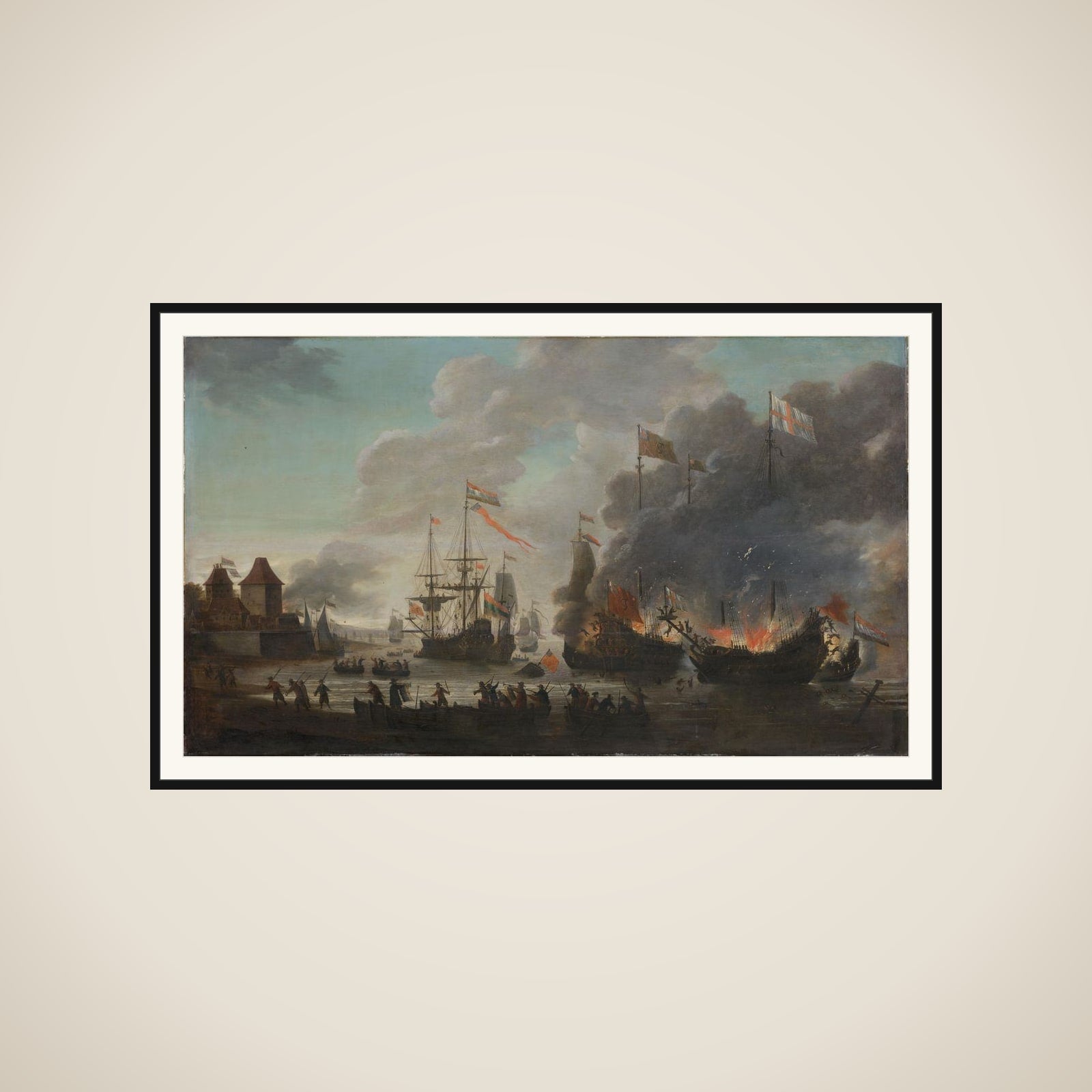 The Dutch Burning English Ships during the Dutch Raid on the Medway, 20 June 1667 framed