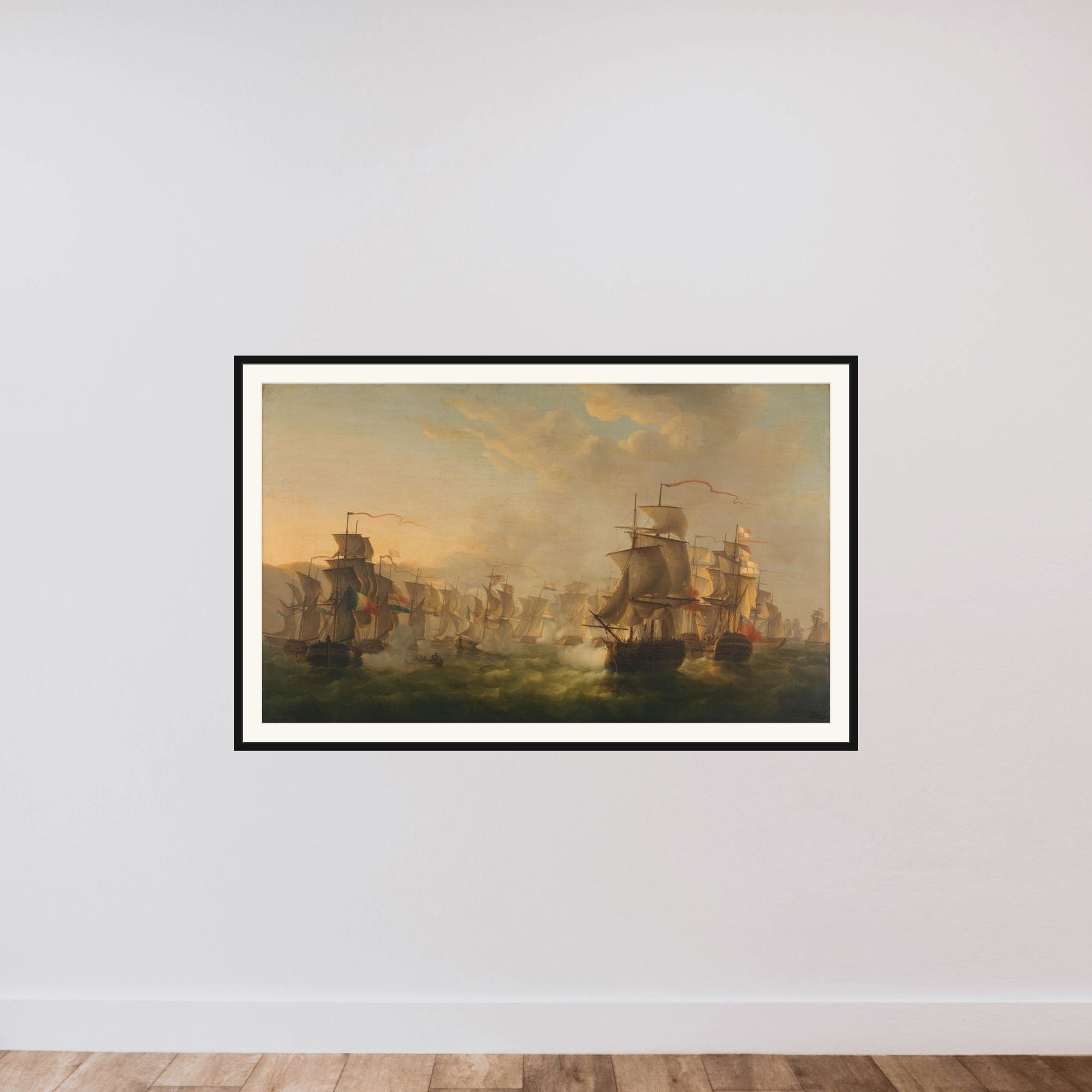 Clash of the Dutch and British Fleets during the Passage of the Dutch Flotilla to Boulogne (1804) framed — shown to scale