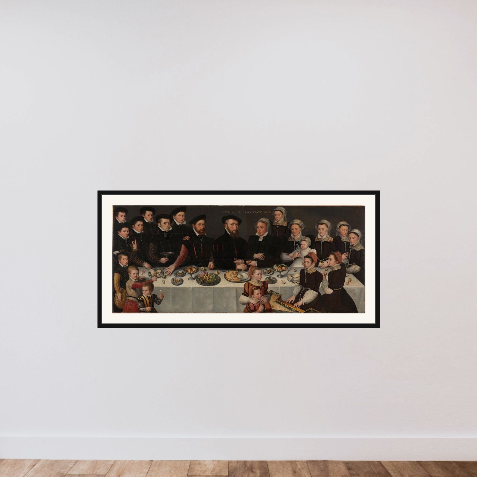 Pierre de Moucheron (1508-67), his Wife Isabeau de Gerbier, their eighteen Children, their Son-in-Law Allard de la Dale and their first Grandchild framed — shown to scale