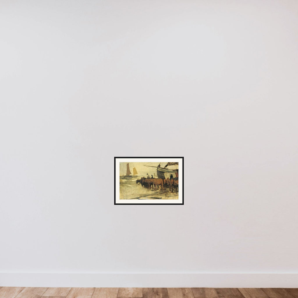 Het in zee brengen van een visserspink framed — shown to scale