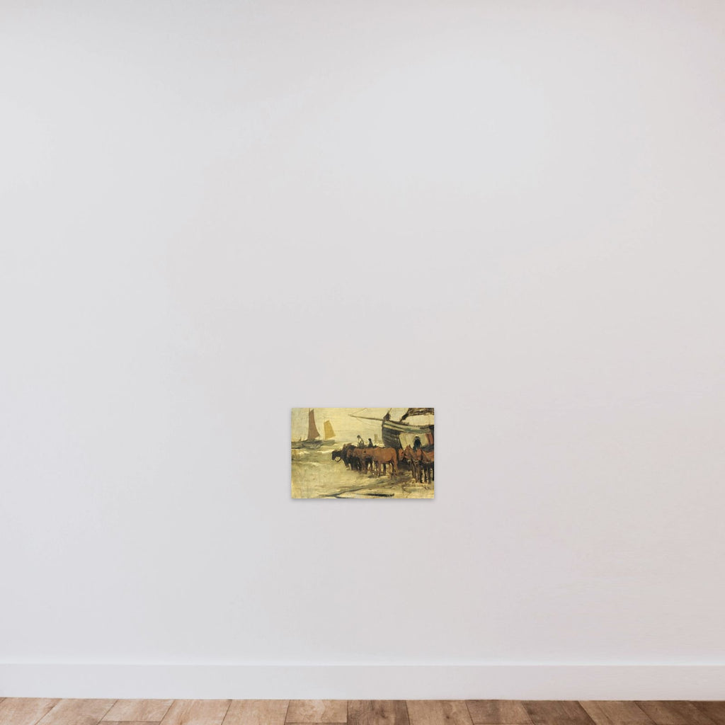 Het in zee brengen van een visserspink unframed — shown to scale