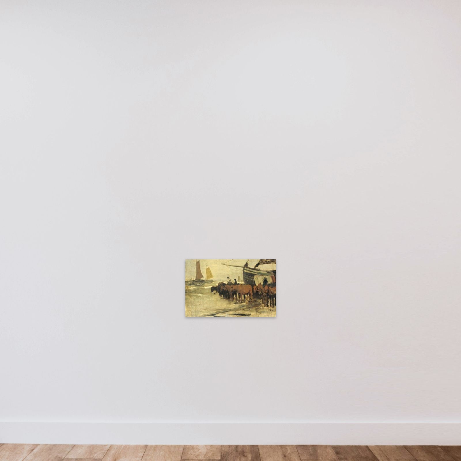Het in zee brengen van een visserspink unframed — shown to scale
