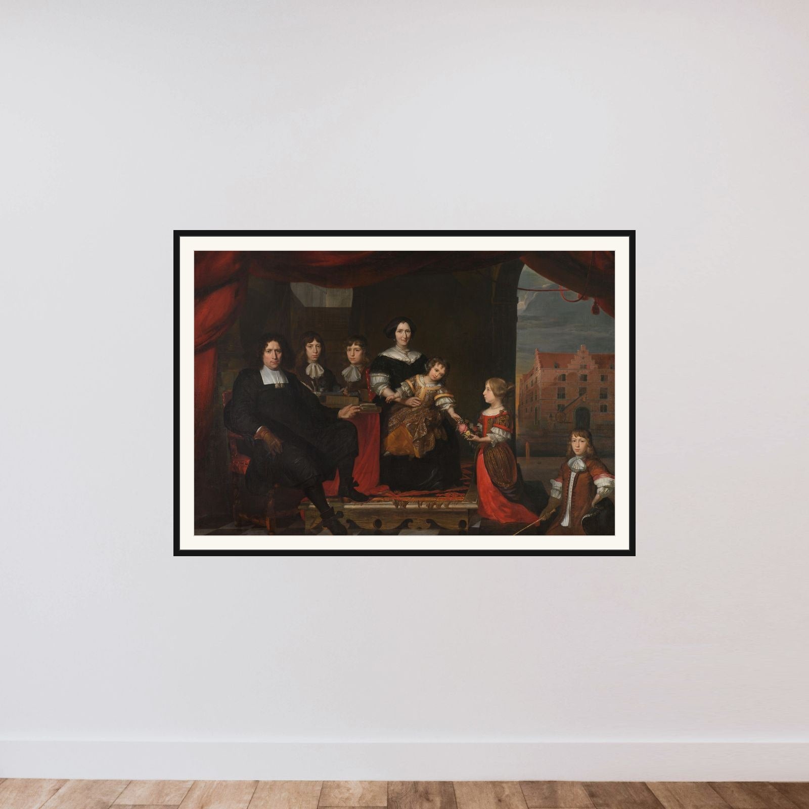 Reyer Reyersz van der Burch (1630-1695), Ammunition Officer attached to the Arsenal of the States-General, Delft, with his Wife Geertruid Graswinckel and their Children Frank, Cornelis, Reyer, Maria and Alida framed — shown to scale