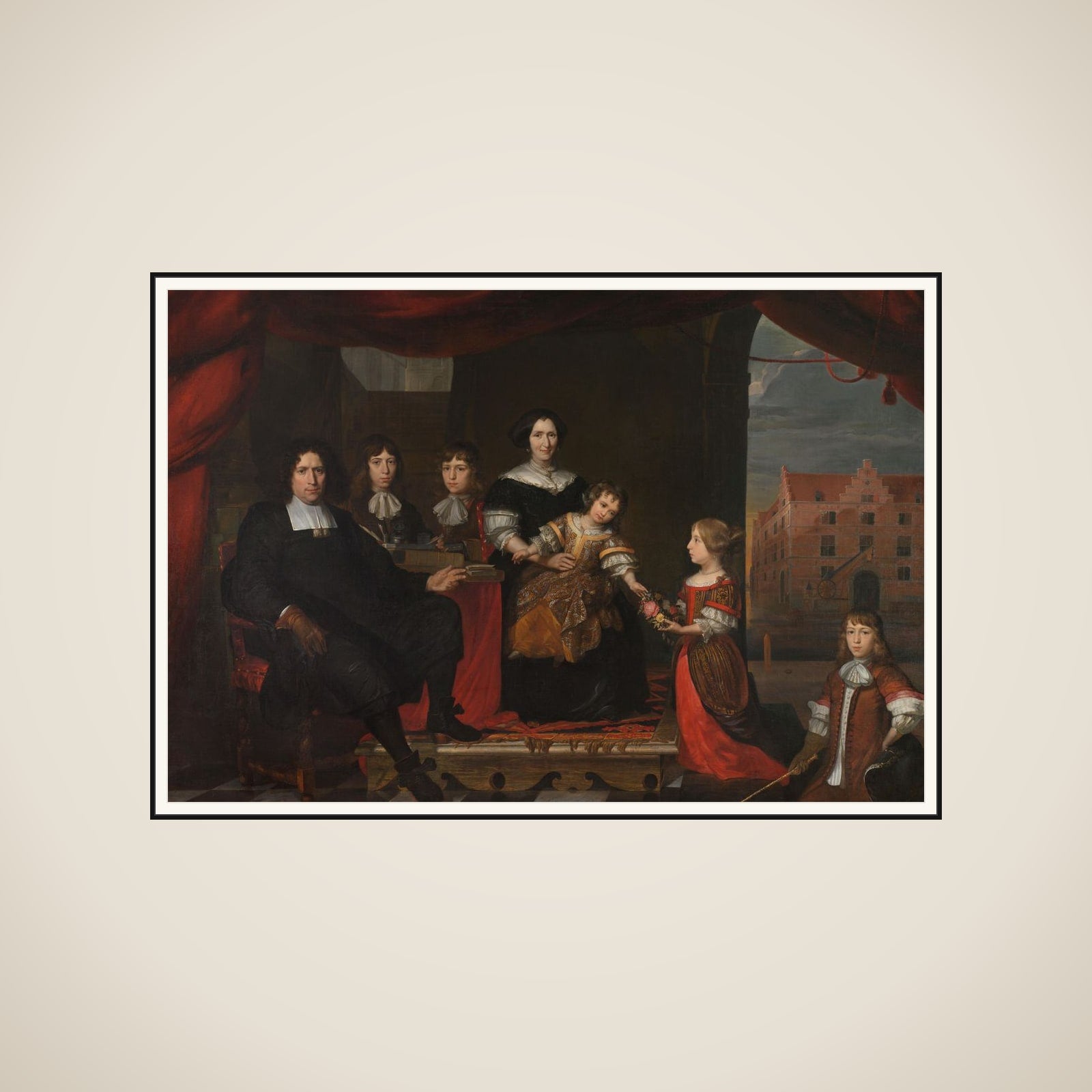 Reyer Reyersz van der Burch (1630-1695), Ammunition Officer attached to the Arsenal of the States-General, Delft, with his Wife Geertruid Graswinckel and their Children Frank, Cornelis, Reyer, Maria and Alida framed