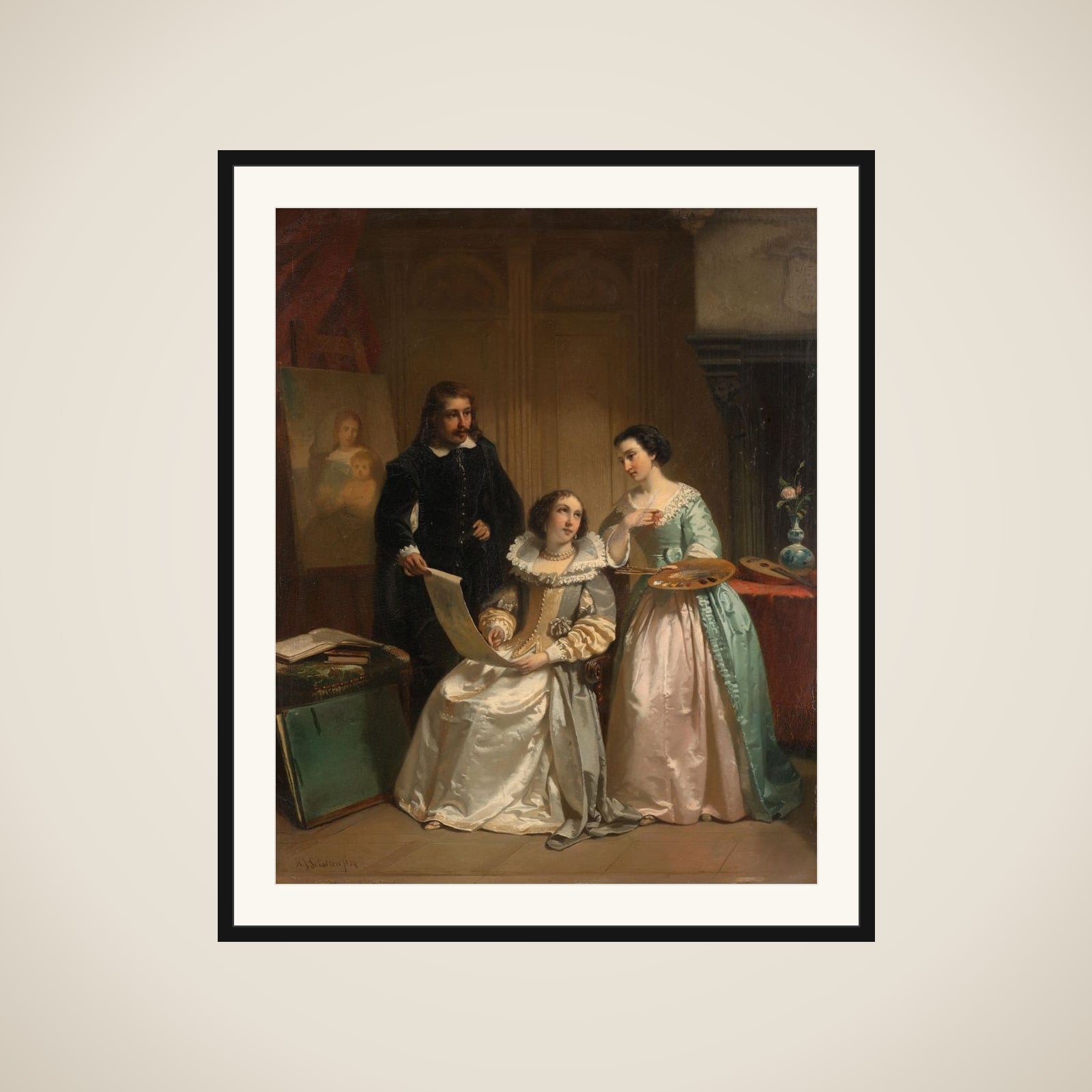 Gerard van Honthorst Showing the Drawings of his Pupil Louise of Bohemia to Amalia van Solms framed