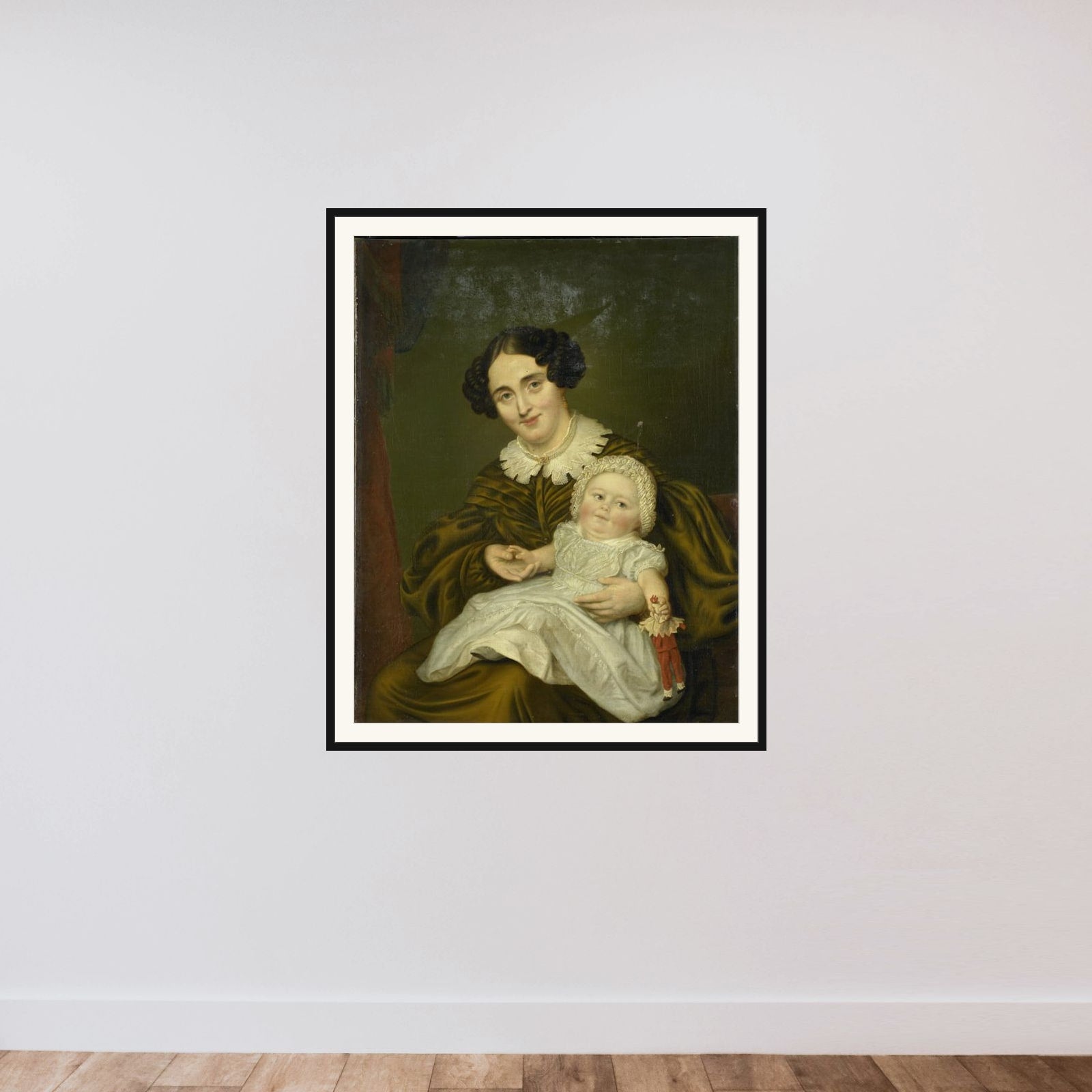 Mrs. Carp and her young Son framed — shown to scale