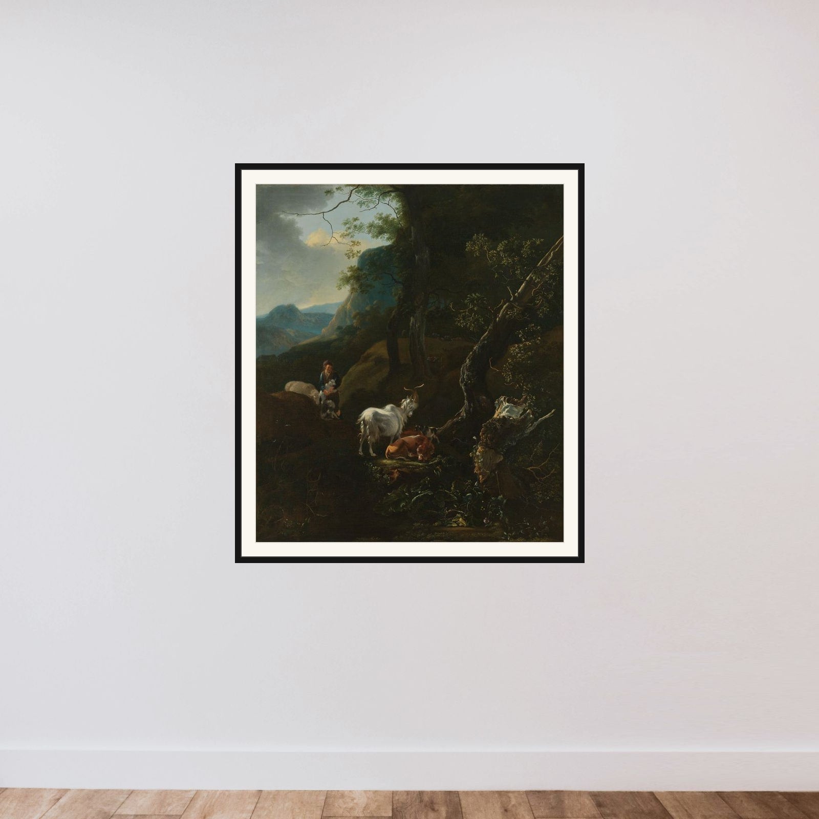 A Sherpherdess with Animals in a Mountainous Landscape framed — shown to scale