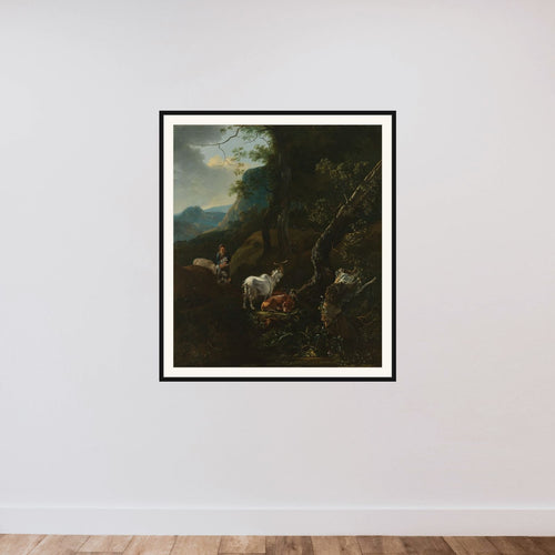 A Sherpherdess with Animals in a Mountainous Landscape framed — shown to scale