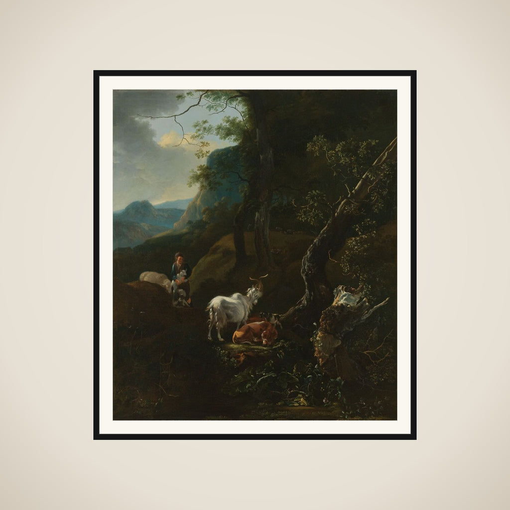 A Sherpherdess with Animals in a Mountainous Landscape framed